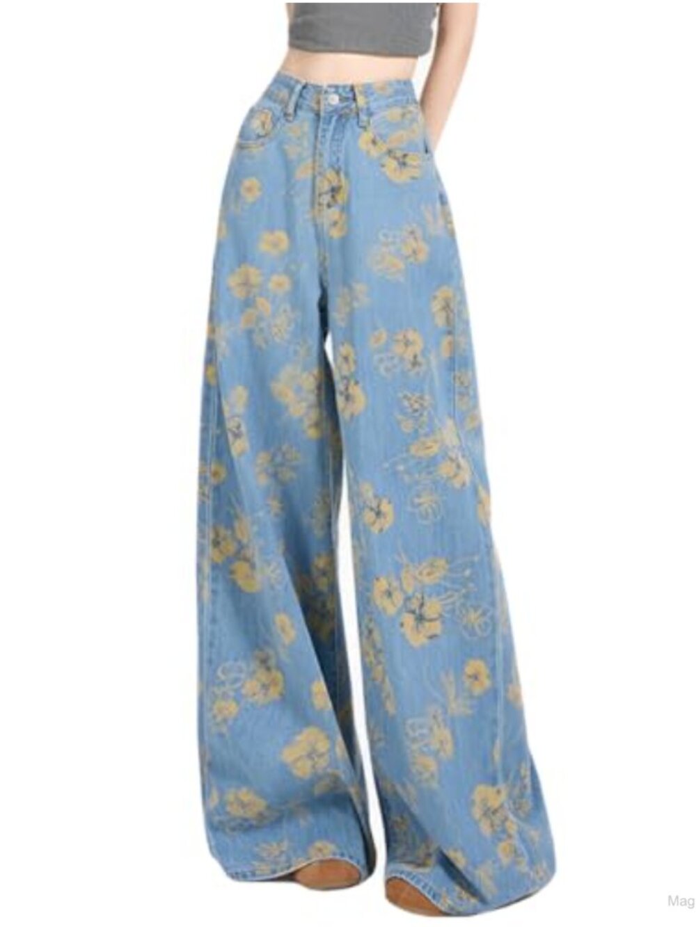 Women's High Waisted Floral Printed Baggy Wide Leg Denim Jeans Cotton Y2K